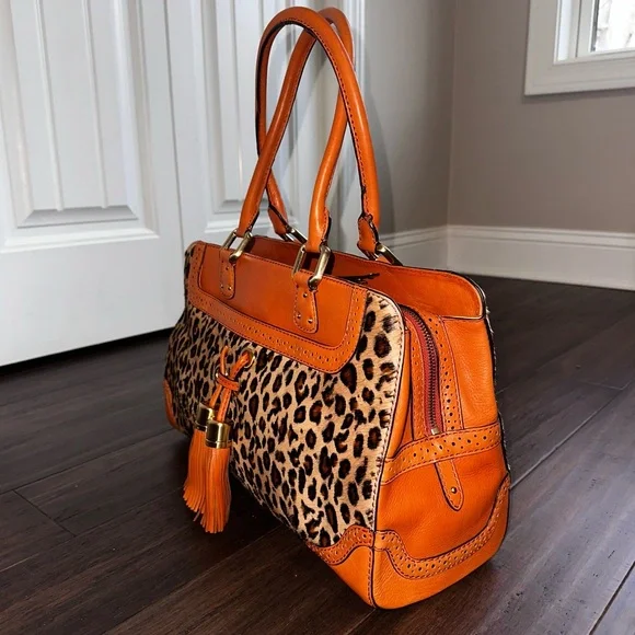 Antonio Melani Y2K Orange Leather Leopard Calf Hair Large Satchel Tote Tassels - Picture 3 of 16